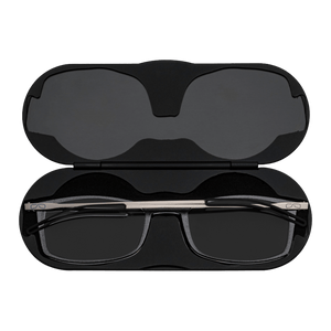 ThinOptics Reading Glasses with Blue Light Blockers and a sleek black case: minimalist design with thin lenses. The compact, brushed metal case offers a modern, portable solution for individuals needing reading glasses.