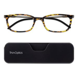 ThinOptics Tortoise Frame Connect Reading Glasses and a sleek black Connect case: minimalist design with thin lenses. The compact, polycarbonate case offers a modern, portable solution for individuals needing reading glasses.