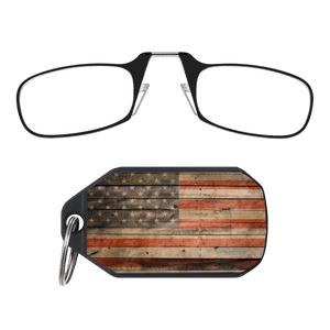 Sleek design meets universal comfort. Our Black framed Readers adapt to you, offering a barely-there feel with robust durability. Paired with an American Flag Keychain Case minimalist design, thin frames, and compact for portability.